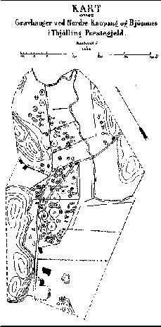 Nicolaysens kart over gravhaugene p Kaupang 1867: